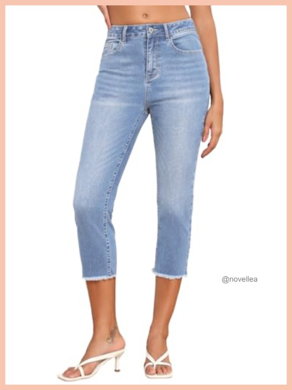 High Waisted Straight Leg Capri Denim Pants Raw Hem Stretch